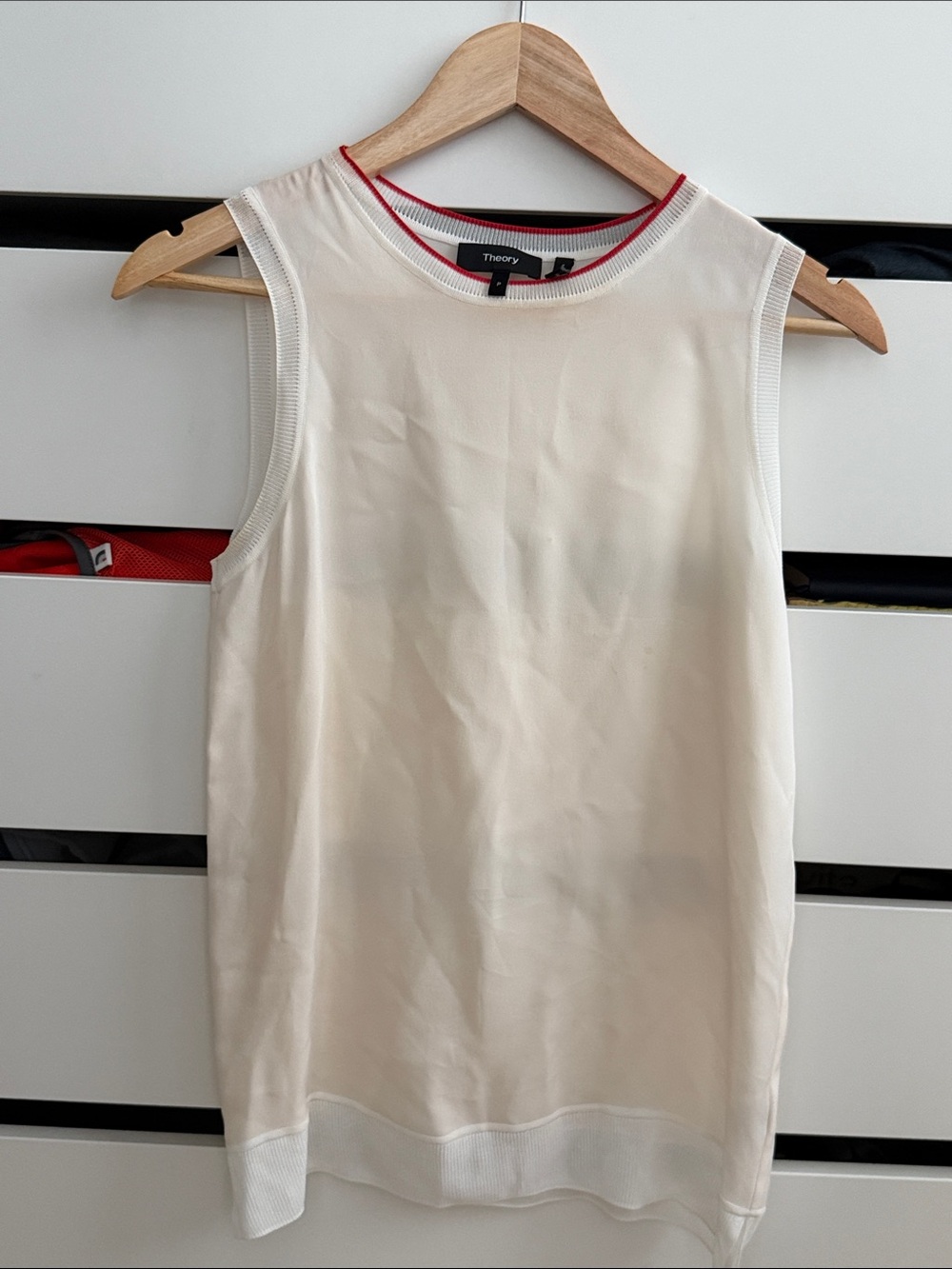 Theory Cream Sleeveless Knit Shell with Red Trim